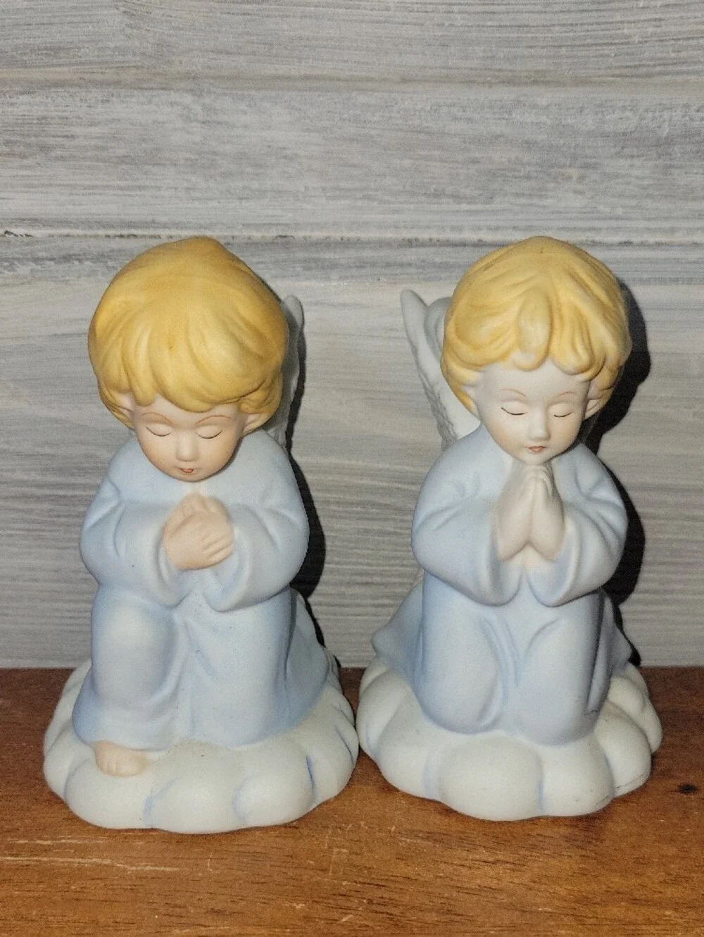 Porcelain Praying Angel Figurines Pair in Light Blue Candle Holders